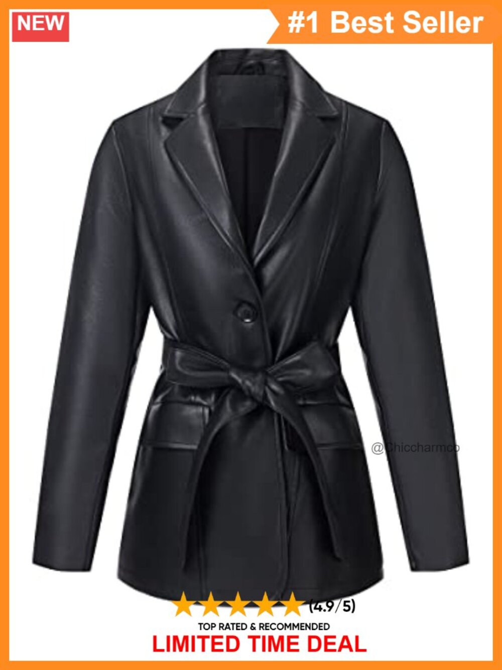 Faux Leather Blazer Jacket with Belt Notched Lapel Buttoned Cuffs